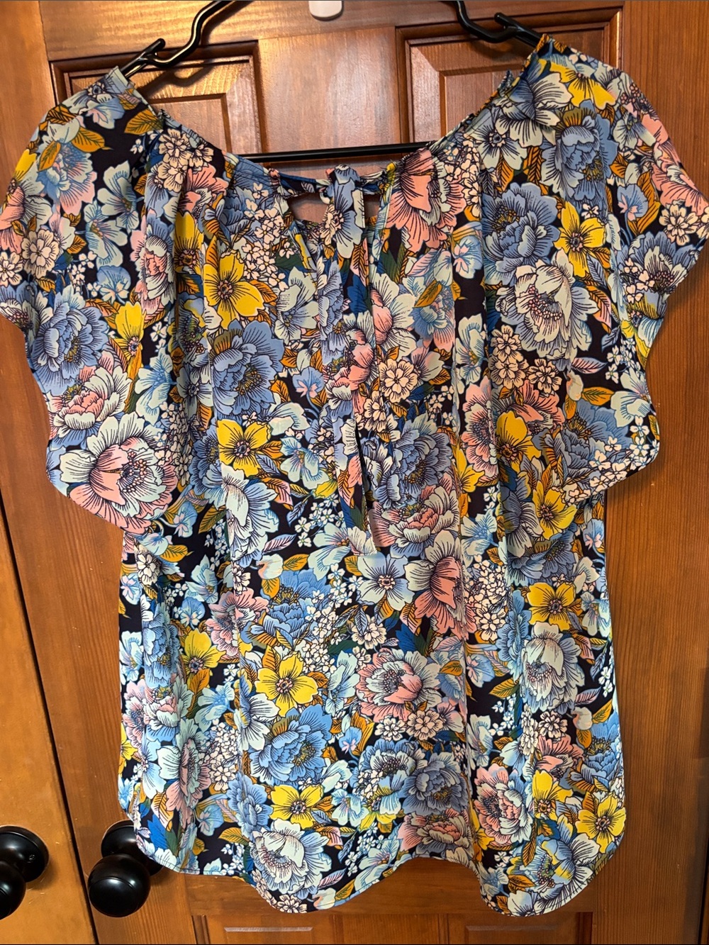 LC Lauren Conrad Cap Sleeve Blue Floral Scoop Neck Blouse size XXL Multicolor - Picture 3 of 8